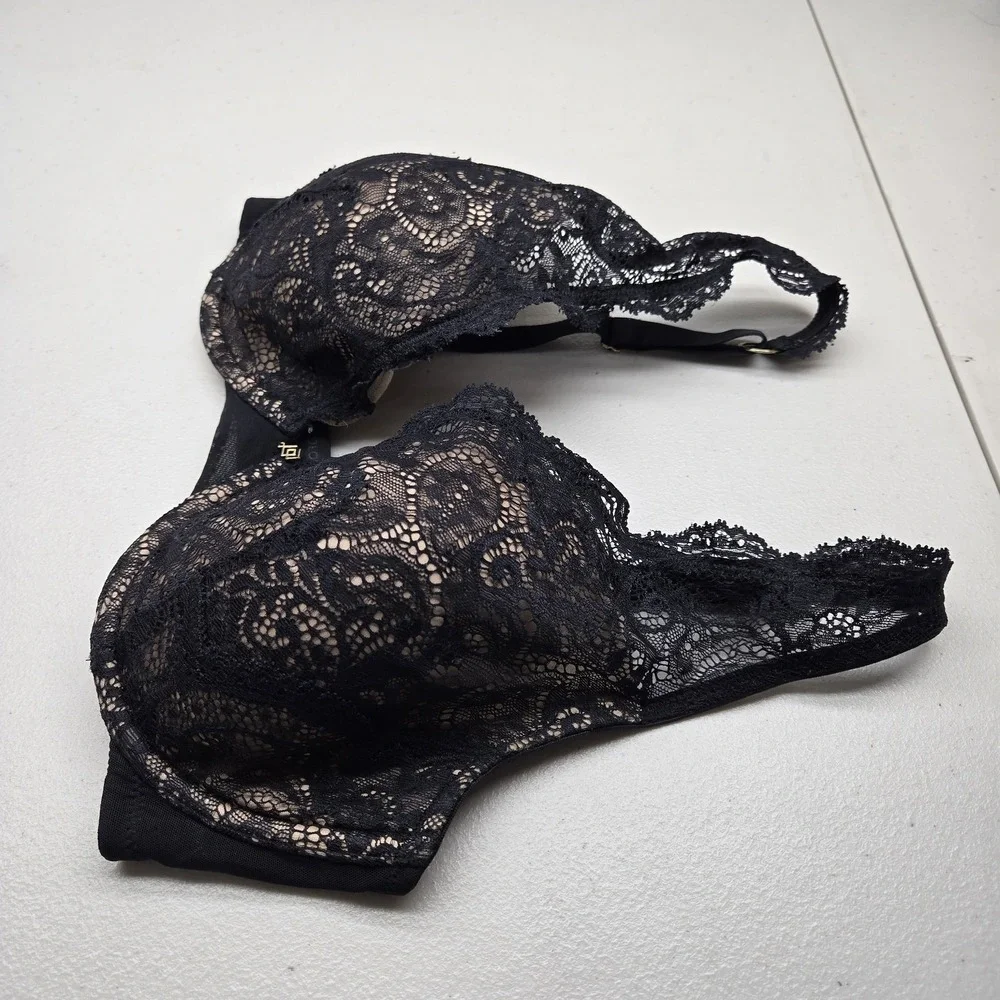 Thirdlove Women Bra 32F Black Outer Beige Lining Floral Balconette